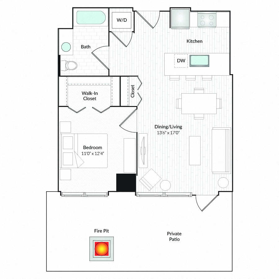 Floor plan for 1 bed, 1 bath, 748 sqft